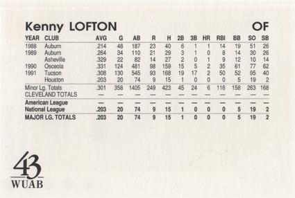 1992 McDonald's Cleveland Indians Tribe Kids Fan Club #NNO Kenny Lofton Back