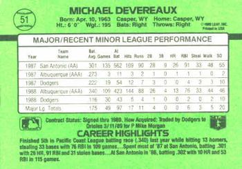 1989 Donruss The Rookies #51 Mike Devereaux Back