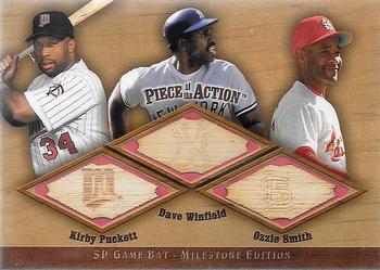 2001 SP Game Bat Milestone - Piece of Action Trios #PWS Kirby Puckett / Dave Winfield / Ozzie Smith Front