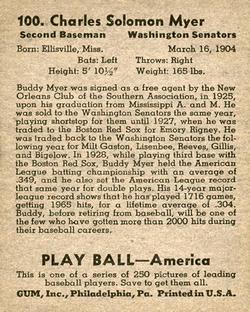 1939 Play Ball #100 Buddy Myer Back