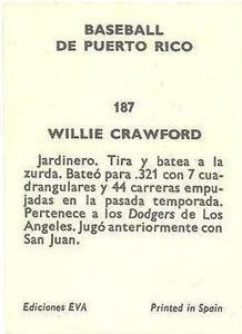 1972 Puerto Rican Winter League Stickers #187 Willie Crawford Back