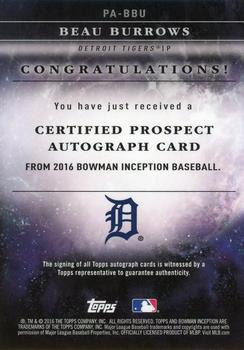 2016 Bowman Inception - Prospect Autographs #PA-BBU Beau Burrows Back