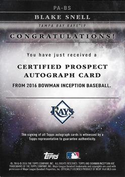 2016 Bowman Inception - Prospect Autographs #PA-BS Blake Snell Back