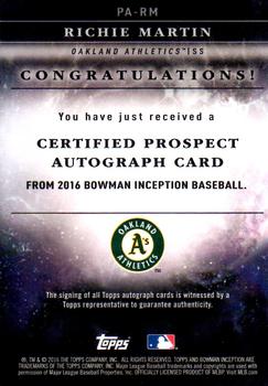 2016 Bowman Inception - Prospect Autographs Gold #PA-RM Richie Martin Back