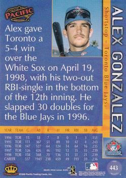 1999 Pacific #443 Alex Gonzalez Back