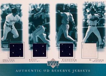 2001 UD Reserve - Game Jersey Quads #J-HKEJ Todd Helton / Jeff Kent / Jim Edmonds / Chipper Jones Front