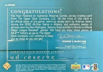 2001 UD Reserve - Game Jersey Quads #J-JRSB Andruw Jones / Alex Rodriguez / Sammy Sosa / Barry Bonds Back