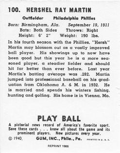 1986 1940 Play Ball (Reprint) #100 Hersh Martin Back