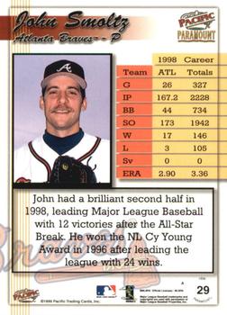 1999 Pacific Paramount #29 John Smoltz Back