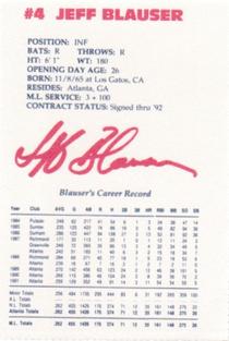 1992 Lykes Atlanta Braves Perforated #NNO Jeff Blauser Back