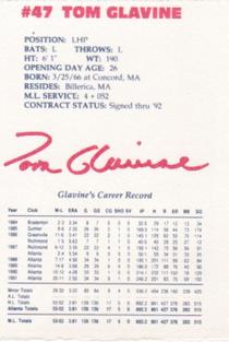 1992 Lykes Atlanta Braves Perforated #NNO Tom Glavine Back