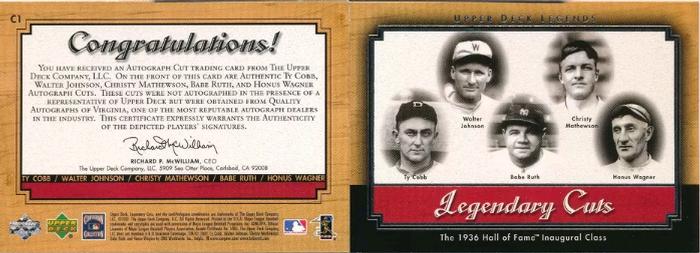 2001 Upper Deck Legends - Legendary Cuts #C1 Ty Cobb / Babe Ruth / Christy Mathewson / Walter Johnson / Honus Wagner Back