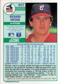 1989 Score Rookie & Traded #80T Richard Dotson Back