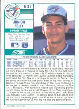 1989 Score Rookie & Traded #83T Junior Felix Back