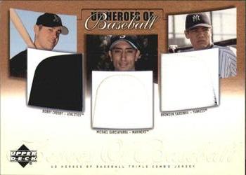2001 Upper Deck Prospect Premieres - UD Heroes of Baseball Game Jersey Trios #J-CGS Bobby Crosby / Michael Garciaparra / Bronson Sardinha Front