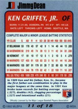 1992 Jimmy Dean #11 Ken Griffey, Jr. Back