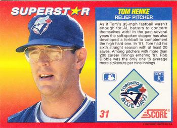 1992 Score 100 Superstars #31 Tom Henke Back