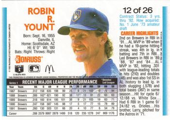 1992 Donruss McDonald's MVP #12 Robin Yount Back