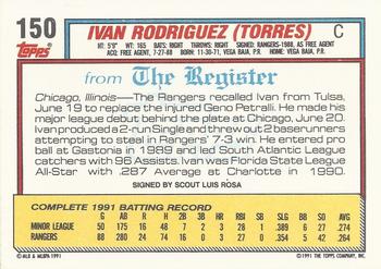 1992 Topps Major League Debut 1991 #150 Ivan Rodriguez Back