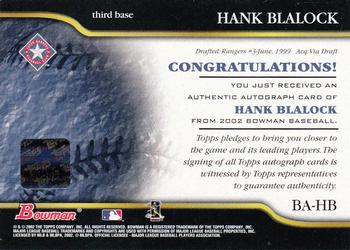 2002 Bowman - Autographs #BA-HB Hank Blalock Back