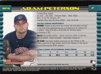 2002 Bowman Draft Picks & Prospects - Gold #BDP46 Adam Peterson Back