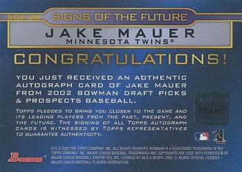 2002 Bowman Draft Picks & Prospects - Signs of the Future #SOF-JM Jake Mauer Back