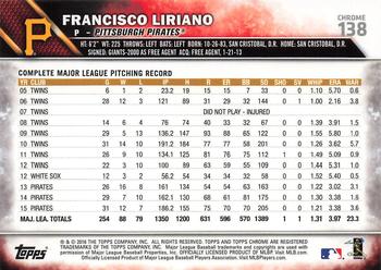 2016 Topps - Chrome Sapphire 65th Anniversary Edition #138 Francisco Liriano Back