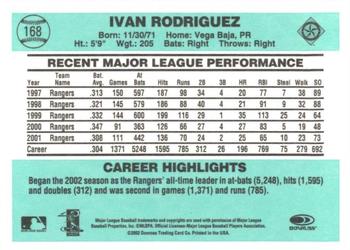 2002 Donruss Originals - Aqueous #168 Ivan Rodriguez Back