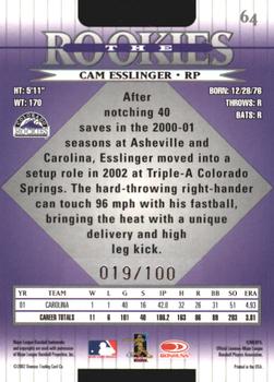 2002 Donruss The Rookies - Autographs #64 Cam Esslinger Back