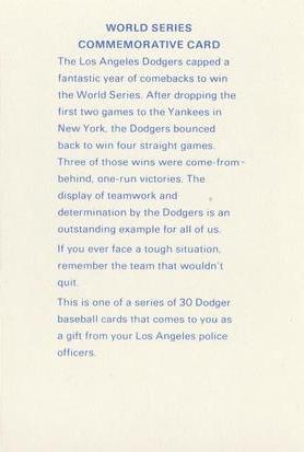 1982 Los Angeles Dodgers Police #NNO World Series Commemorative Card Back