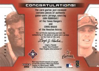 2002 Fleer E-X - Behind the Numbers Game Jersey Dual #NNO Craig Biggio / Ivan Rodriguez  Back