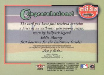 2002 Fleer Fall Classic - October Legends Game Used #NNO Eddie Murray Back