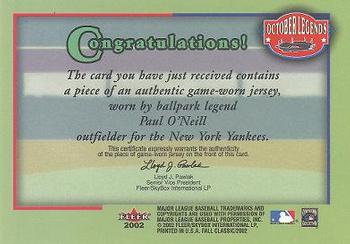 2002 Fleer Fall Classic - October Legends Game Used #NNO Paul O'Neill Back