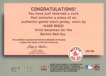 2002 Fleer Fall Classic - Series of Champions Game Used Gold #SOC-WB Wade Boggs Back