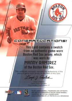 2002 Fleer Genuine - Names of the Game Memorabilia #NNO Manny Ramirez  Back
