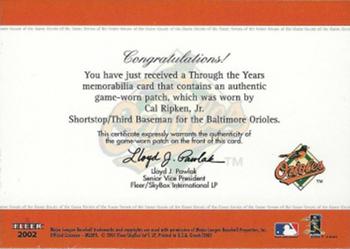 2002 Fleer Greats of the Game - Through the Years Level 1 Patch #NNO Cal Ripken Jr. Back