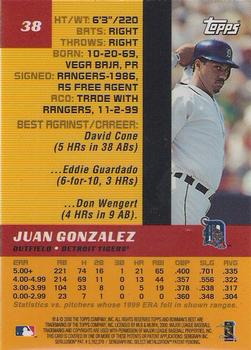 2000 Bowman's Best #38 Juan Gonzalez Back