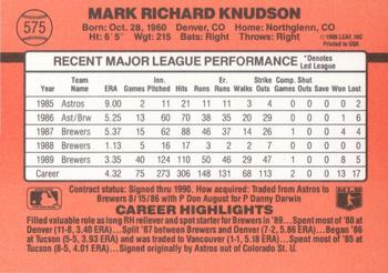 1990 Donruss #575 Mark Knudson Back