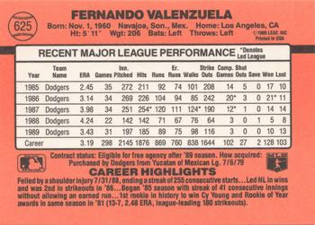 1990 Donruss #625 Fernando Valenzuela Back