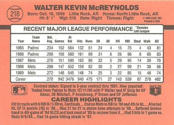 1990 Donruss #218 Kevin McReynolds Back