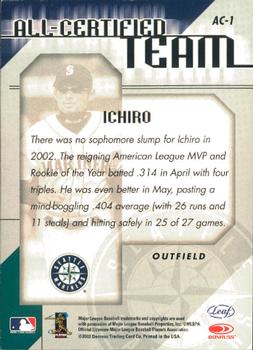 2002 Leaf Certified - All-Certified Team #AC-1 Ichiro Suzuki  Back