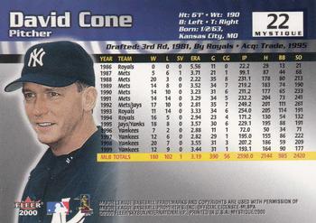 2000 Fleer Mystique #22 David Cone Back