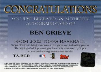 2002 Topps - Autographs #TA-BGR Ben Grieve Back