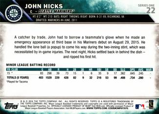 2016 Topps Mini #22 John Hicks Back