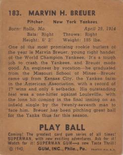 1940 Play Ball #183 Marvin Breuer Back