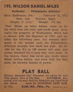 1940 Play Ball #195 Dee Miles Back