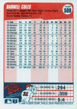 1990 Fleer #509 Darnell Coles Back