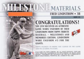 2002 Topps Tribute - Milestone Materials #MIM-FL Fred Lindstrom Back