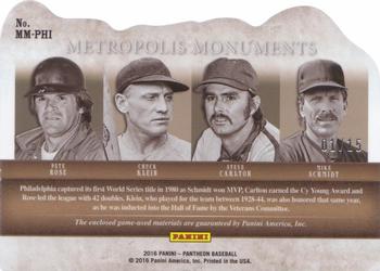 2016 Panini Pantheon - Metropolis Monuments #MM-PHI Steve Carlton / Chuck Klein / Mike Schmidt / Pete Rose Back