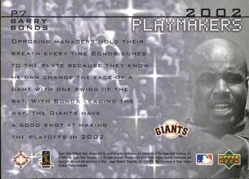 2002 Upper Deck Ballpark Idols - Playmakers #P7 Barry Bonds  Back